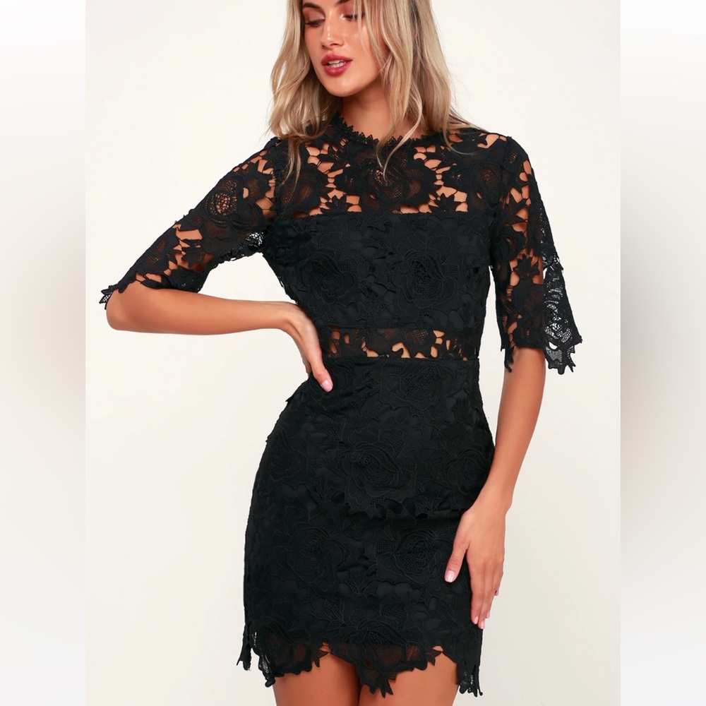 Lulus A Fine Romance Black Lace Sheath Dress size medium